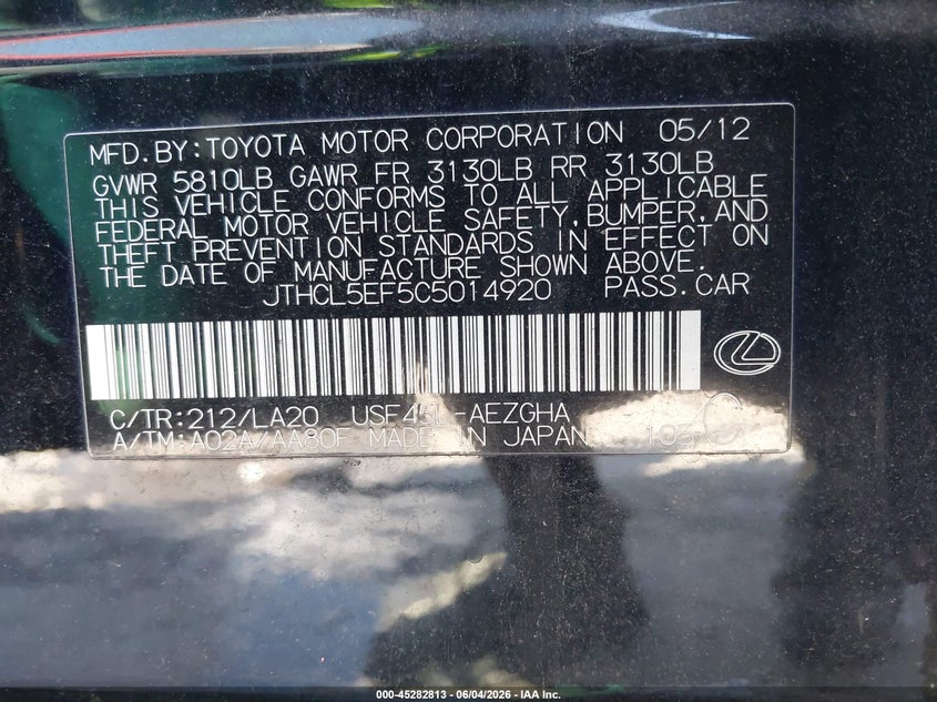 2012 Lexus Ls VIN JTHCL5EF5C5014920 IAAI salvage auction — LEFT SIDE, Salvage Title, sold $1,250 on 2026-07-13 (photo 9)