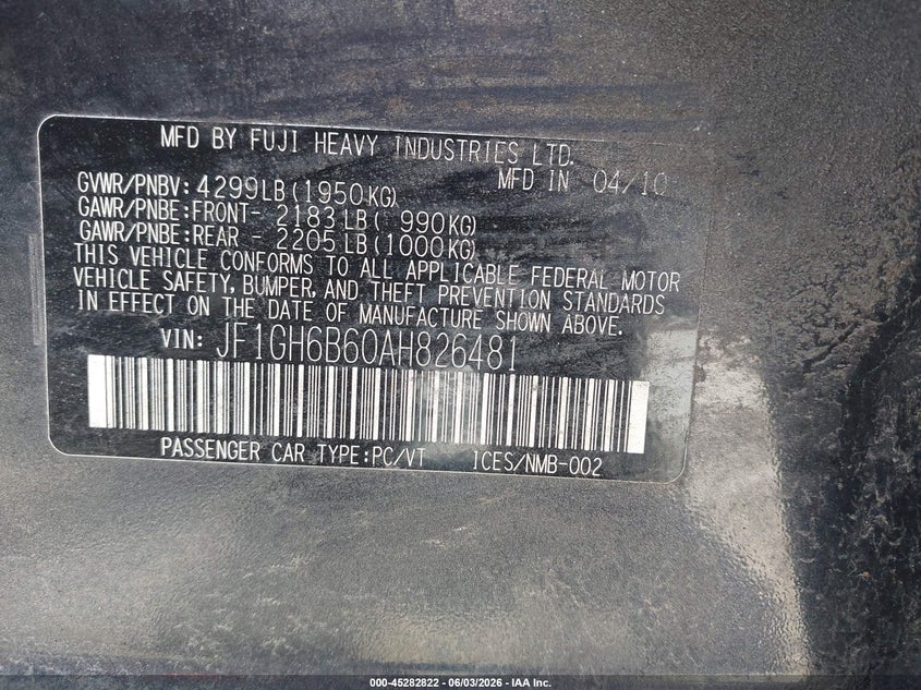 2010 Subaru Impreza VIN JF1GH6B60AH826481 IAAI salvage auction — NORMAL WEAR, Clear (Massachusetts), sold $450 on 2026-07-17 (photo 9)
