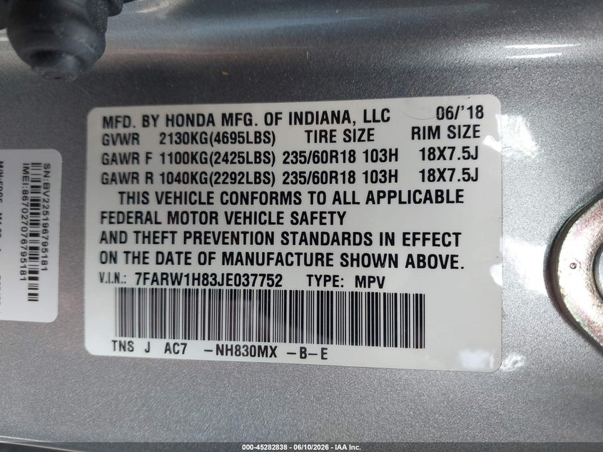2018 Honda Cr-v VIN 7FARW1H83JE037752 IAAI salvage auction — HAIL, Original (Texas), sold $13,900 on 2026-07-15 (photo 9)