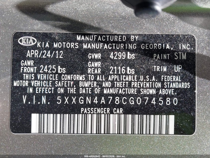 2012 Kia Optima VIN 5XXGN4A78CG074580 IAAI salvage auction — FRONT END, Salvage Title, sold $300 on 2026-07-23 (photo 9)