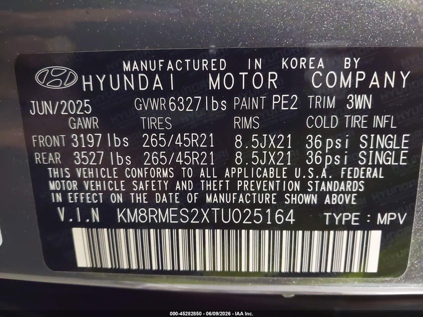 2026 Hyundai Palisade VIN KM8RMES2XTU025164 IAAI salvage auction — HAIL, Salvage Title, sold $32,700 on 2026-07-14 (photo 9)