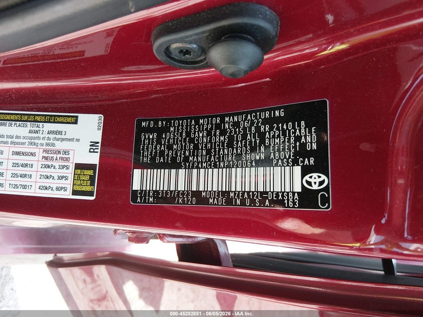 2022 Toyota Corolla VIN 5YFP4MCE1NP120064 IAAI salvage auction — FRONT END, Salvage Title, sold $6,200 on 2026-07-07 (photo 9)