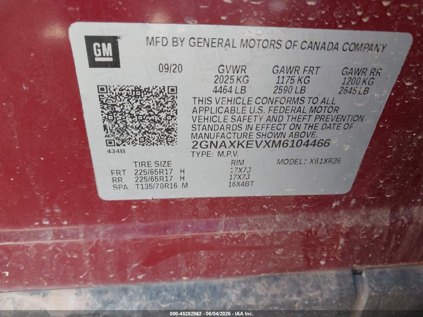 2021 Chevrolet Equinox VIN 2GNAXKEVXM6104466 IAAI salvage auction — FRONT END, Salvage Title, sold $1,900 on 2026-07-25 (photo 9)