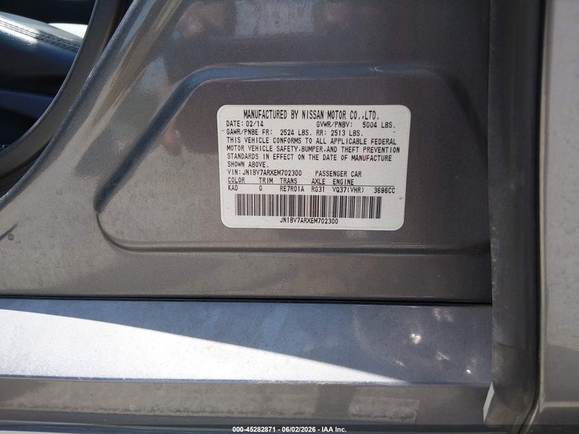 2014 Infiniti Q50 VIN JN1BV7ARXEM702300 IAAI salvage auction — REAR END, Salvage (Missouri), sold $1,350 on 2026-07-23 (photo 9)