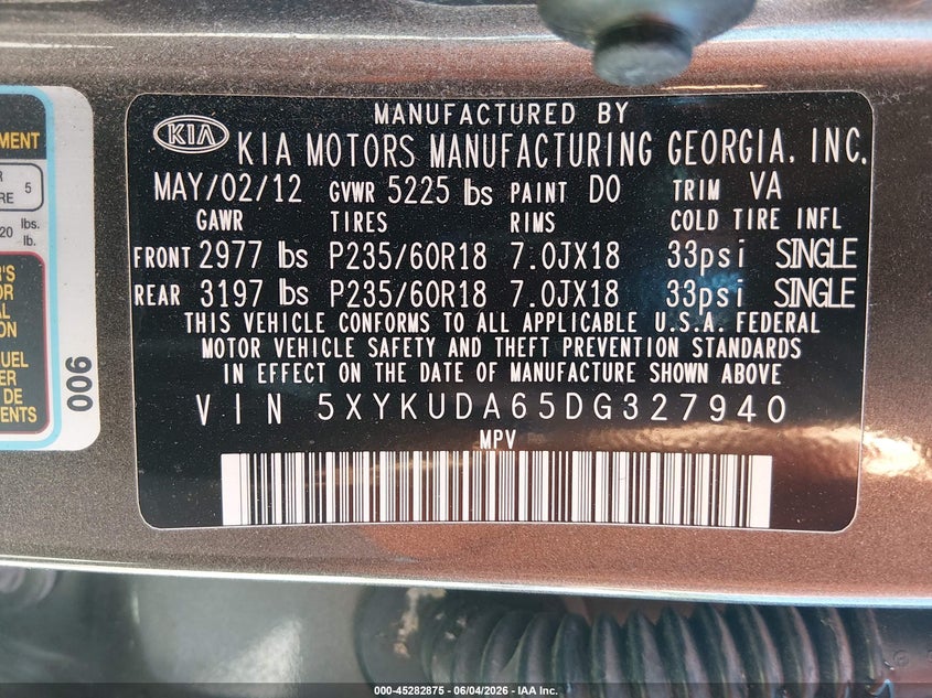 2013 Kia Sorento VIN 5XYKUDA65DG327940 IAAI salvage auction — FRONT END, Salvage (West Virginia), sold $1,000 on 2026-07-16 (photo 9)