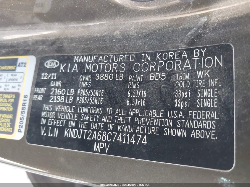 2012 Kia Soul VIN KNDJT2A68C7411474 IAAI salvage auction — NORMAL WEAR, Clear - Public Restricted (Oklahoma), sold $425 on 2026-07-07 (photo 9)