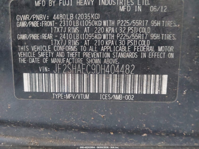 2013 Subaru Forester VIN JF2SHAEC9DH404482 IAAI salvage auction — NORMAL WEAR, Salvage Title, sold $1,150 on 2026-07-21 (photo 9)