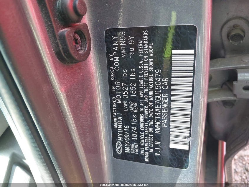 2016 Hyundai Accent VIN KMHCT4AE7GU150479 IAAI salvage auction — LEFT FRONT, Salvage Title, sold $725 on 2026-08-02 (photo 9)