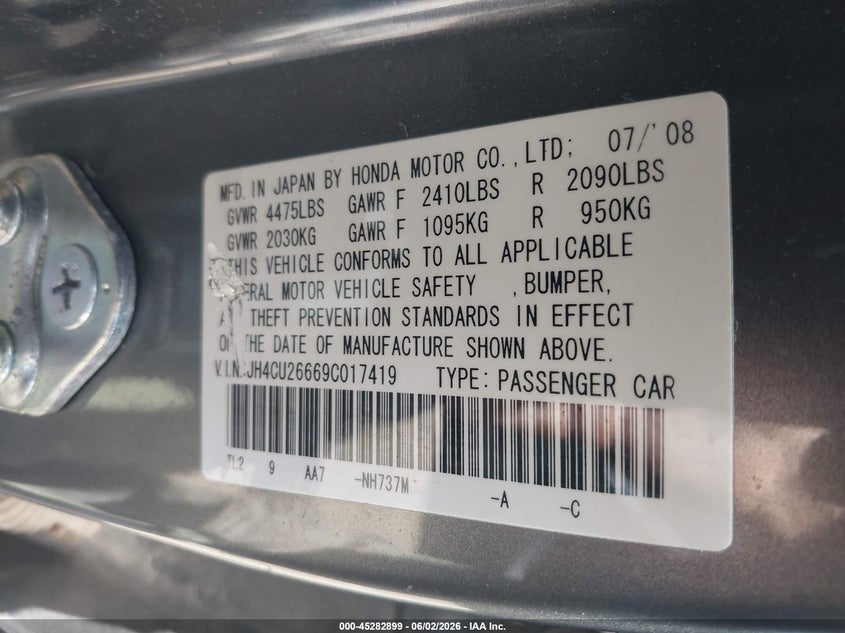 2009 Acura Tsx VIN JH4CU26669C017419 IAAI salvage auction — FRONT END, Salvage (New Jersey), sold $450 on 2026-07-20 (photo 9)