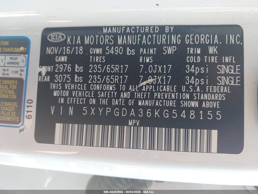 2019 Kia Sorento VIN 5XYPGDA36KG548155 IAAI salvage auction — FRONT END, Salvage Title, sold $875 on 2026-07-18 (photo 9)