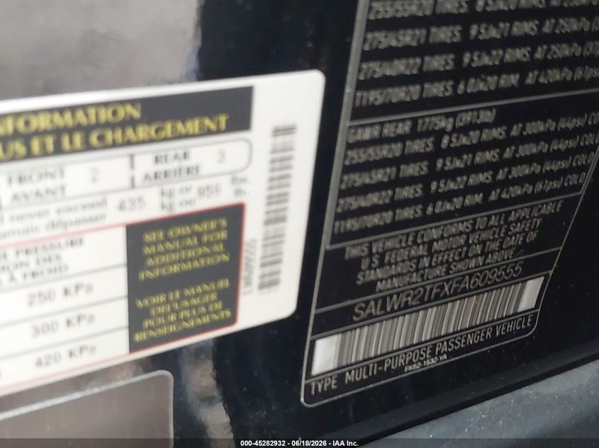 2015 Land rover Range rover sport VIN SALWR2TFXFA609555 IAAI salvage auction — LEFT SIDE, Salvage (Virginia), sold $5,600 on 2026-07-16 (photo 9)
