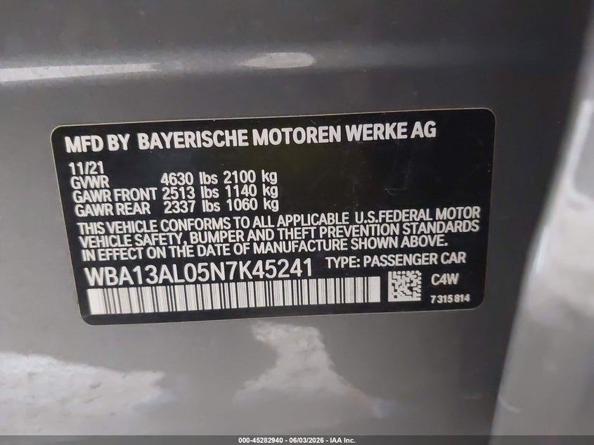 2022 BMW 2er VIN WBA13AL05N7K45241 IAAI salvage auction — SUSPENSION, Clear (Michigan), sold $12,700 on 2026-08-04 (photo 9)