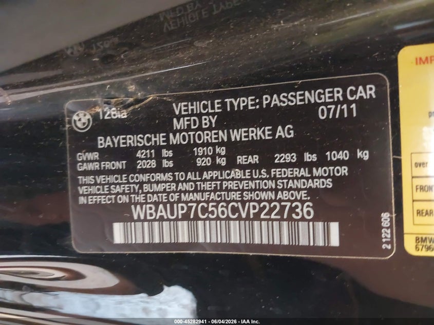 2012 BMW 1er VIN WBAUP7C56CVP22736 IAAI salvage auction — FRONT END, Salvage Title, sold $1,300 on 2026-07-17 (photo 9)