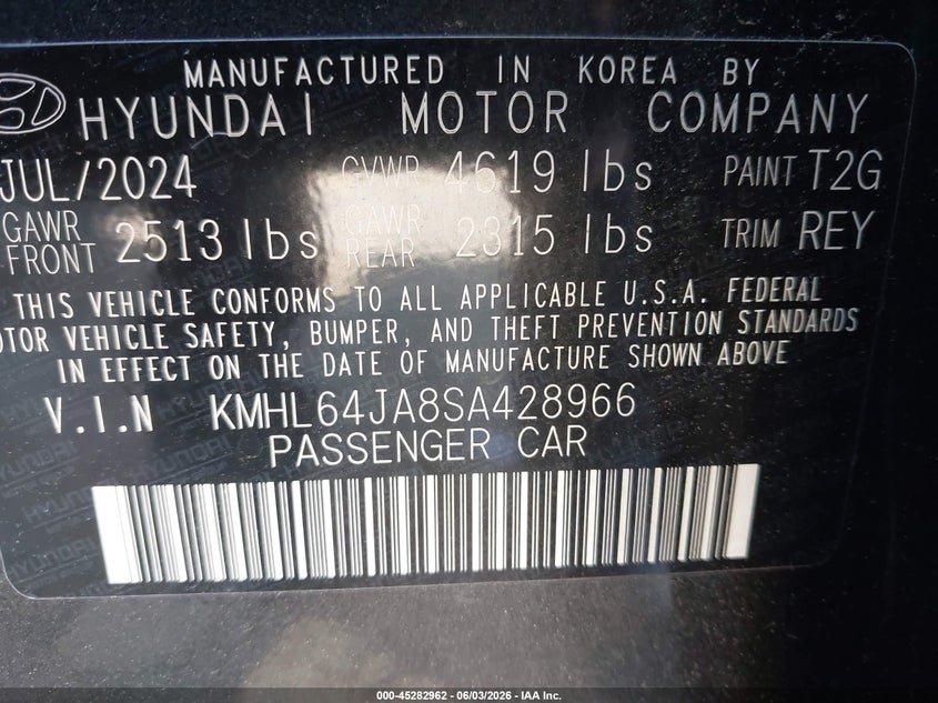 2025 Hyundai Sonata VIN KMHL64JA8SA428966 IAAI salvage auction — REAR END, Salvage Title, sold $8,025 on 2026-07-13 (photo 9)