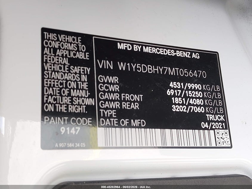2021 Mercedes-benz Sprinter VIN W1Y5DBHY7MT056470 IAAI salvage auction — LEFT FRONT, Rebuildable (Florida), sold $9,225 on 2026-08-01 (photo 9)
