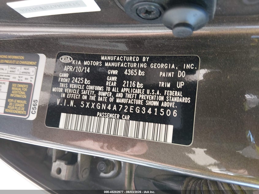 2014 Kia Optima VIN 5XXGN4A72EG341506 IAAI salvage auction — LEFT FRONT, Salvage Title, sold $575 on 2026-07-21 (photo 9)