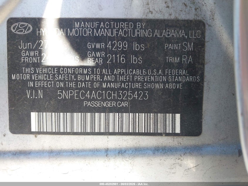 2012 Hyundai Sonata VIN 5NPEC4AC1CH325423 IAAI salvage auction — LEFT & RIGHT, Salvage (Pennsylvania), sold $525 on 2026-07-28 (photo 9)