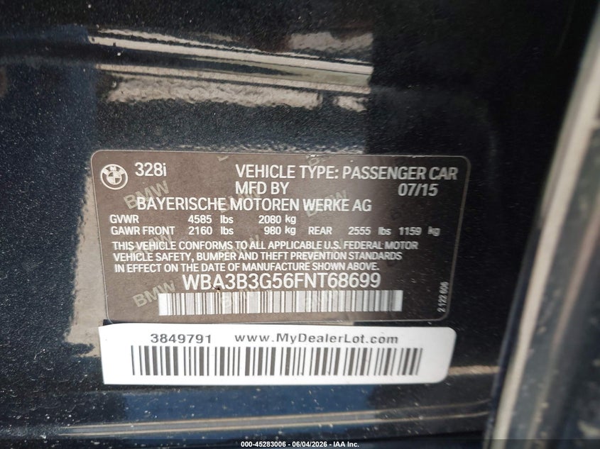 2015 BMW 3er VIN WBA3B3G56FNT68699 IAAI salvage auction — REAR END, Salvage (Massachusetts), sold $900 on 2026-07-24 (photo 9)