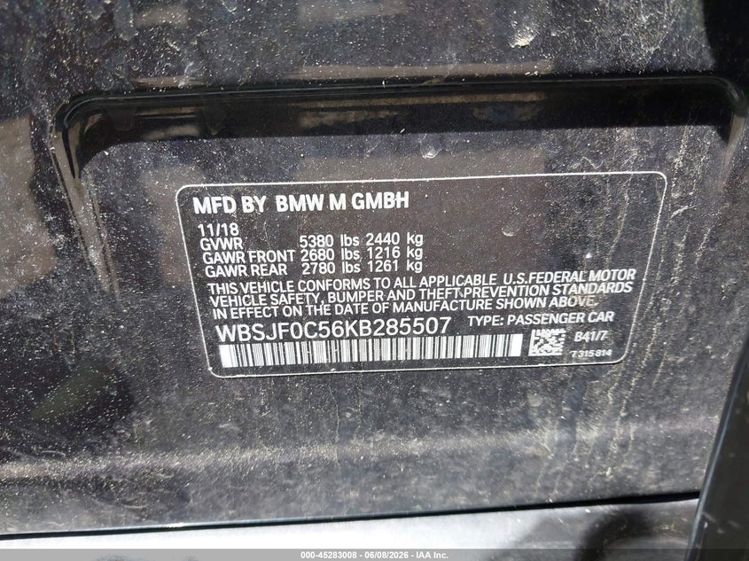 2019 BMW M5 VIN WBSJF0C56KB285507 IAAI salvage auction — FRONT END, Salvage (Massachusetts), sold $17,725 on 2026-08-25 (photo 9)