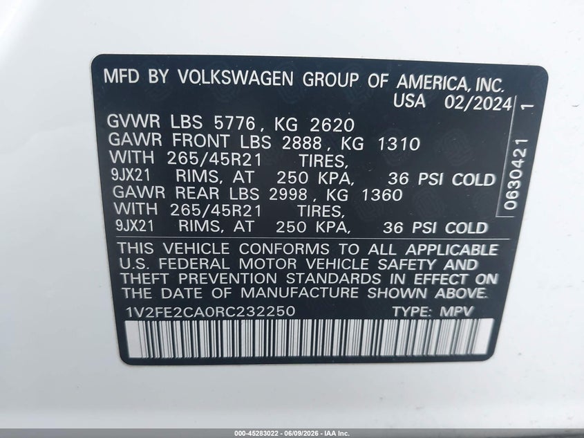 2024 Volkswagen Atlas cross sport VIN 1V2FE2CA0RC232250 IAAI salvage auction — LEFT FRONT, Wait Title, sold $7,000 on 2026-08-21 (photo 9)