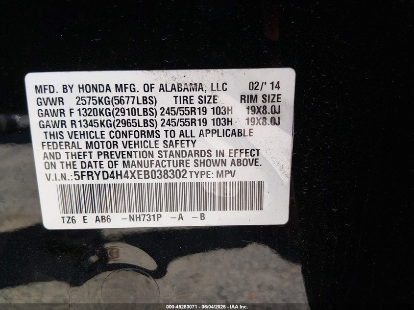 2014 Acura Mdx VIN 5FRYD4H4XEB038302 IAAI salvage auction — FRONT END, Salvage Title, sold $2,700 on 2026-10-02 (photo 9)