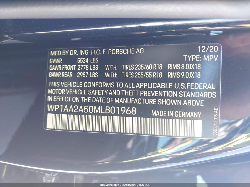 2021 Porsche Macan VIN WP1AA2A50MLB01968 IAAI salvage auction — FRONT & REAR, Salvage Title, sold $14,100 on 2026-08-07 (photo 9)