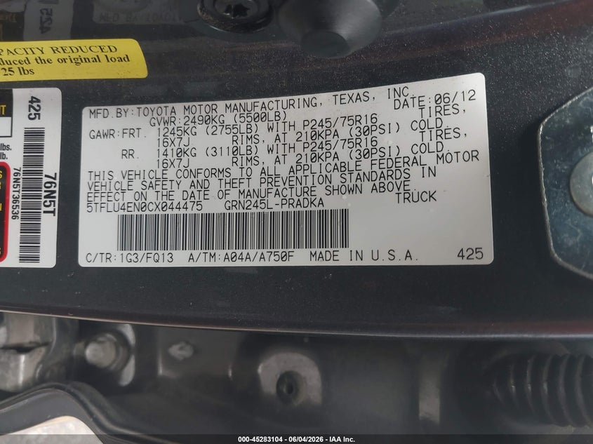 2012 Toyota Tacoma VIN 5TFLU4EN0CX044475 IAAI salvage auction — FRONT END, Original (Texas), sold $8,200 on 2026-07-08 (photo 9)