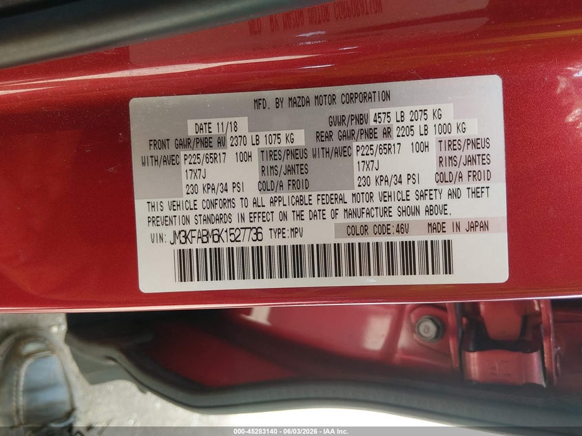 2019 Mazda Cx-5 VIN JM3KFABM6K1527736 IAAI salvage auction — LEFT FRONT, Salvage (Missouri), sold $2,550 on 2026-07-30 (photo 9)