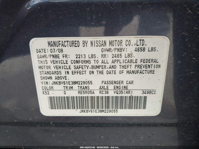 2008 Infiniti G35 VIN JNKBV61E38M229055 IAAI salvage auction — LEFT FRONT, Certificate Of Title (Nebraska), sold $575 on 2026-07-09 (photo 9)