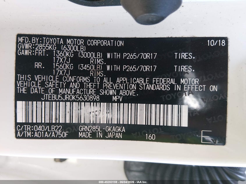 2019 Toyota 4runner VIN JTEBU5JR0K5630898 IAAI salvage auction — SIDE, Salvage Title, sold $9,400 on 2026-07-11 (photo 9)