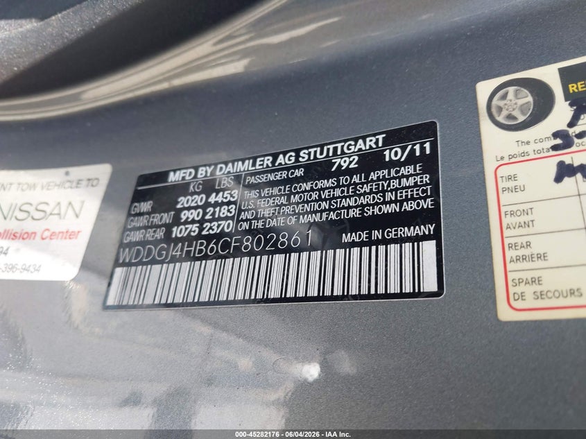 2012 Mercedes-benz C class VIN WDDGJ4HB6CF802861 IAAI salvage auction — NORMAL WEAR, Repossession Paperwork (Georgia), sold $600 on 2026-07-15 (photo 9)