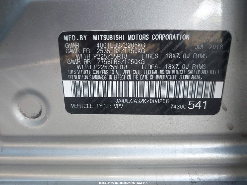 2019 Mitsubishi Outlander VIN JA4AD2A32KZ008266 IAAI salvage auction — NORMAL WEAR, Clear (Arizona), sold $1,250 on 2026-07-07 (photo 9)