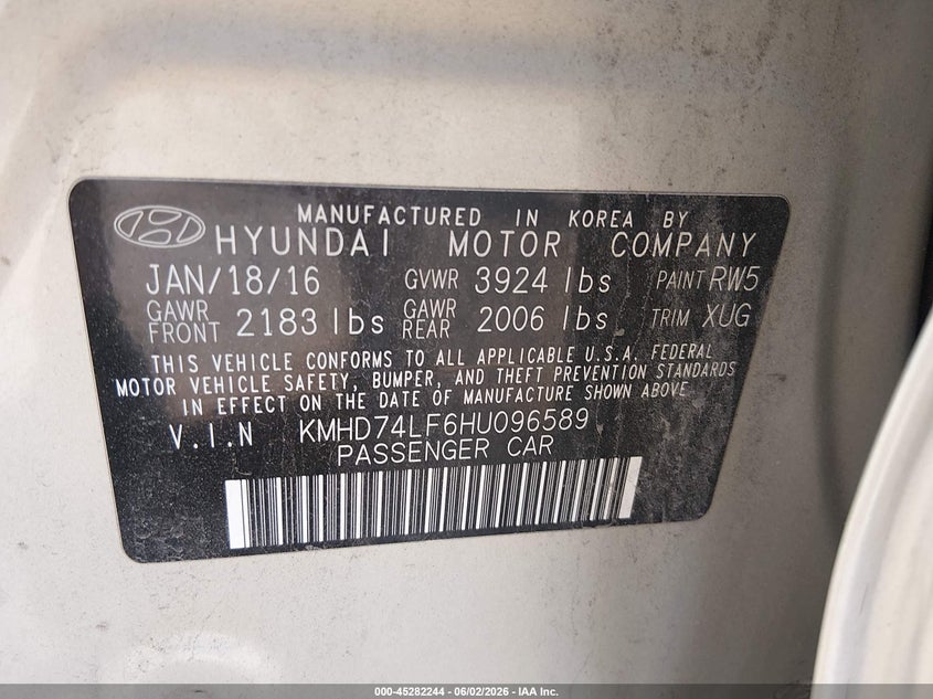 2017 Hyundai Elantra VIN KMHD74LF6HU096589 IAAI salvage auction — NORMAL WEAR, Clear (Pennsylvania), sold $1,125 on 2026-07-09 (photo 9)