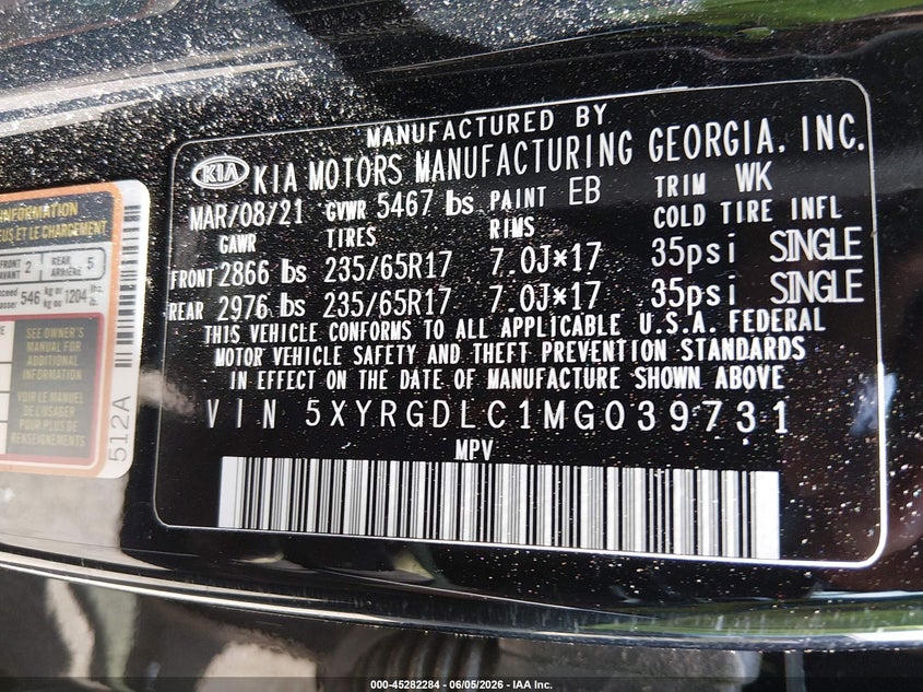 2021 Kia Sorento VIN 5XYRGDLC1MG039731 IAAI salvage auction — RIGHT FRONT, Salvage Title, sold $4,650 on 2026-07-30 (photo 9)