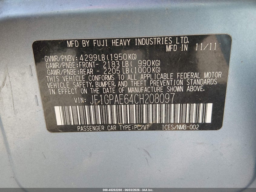 2012 Subaru Impreza VIN JF1GPAE64CH208097 IAAI salvage auction — NORMAL WEAR, Clear (Massachusetts), sold $400 on 2026-07-21 (photo 9)