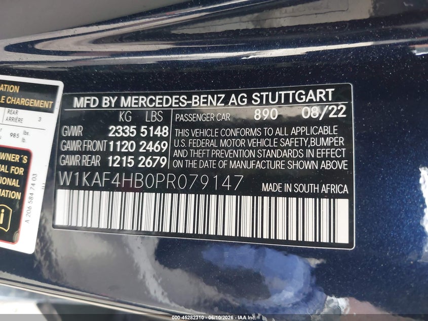 2023 Mercedes-benz C-klasse VIN W1KAF4HB0PR079147 IAAI salvage auction — FRONT & REAR, Salvage Title, sold $15,100 on 2026-07-14 (photo 9)