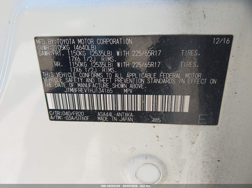 2017 Toyota Rav 4 VIN JTMBFREV1HJ134165 IAAI salvage auction — FRONT END, Mv-907A (New York), sold $4,350 on 2026-07-16 (photo 9)