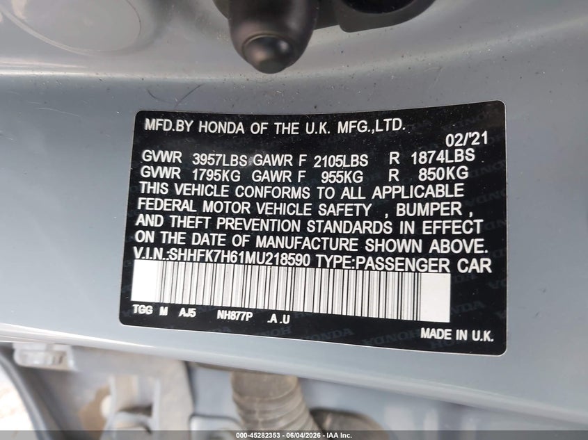 2021 Honda Civic VIN SHHFK7H61MU218590 IAAI salvage auction — REAR END, Salvage Title, sold $6,375 on 2026-07-07 (photo 9)