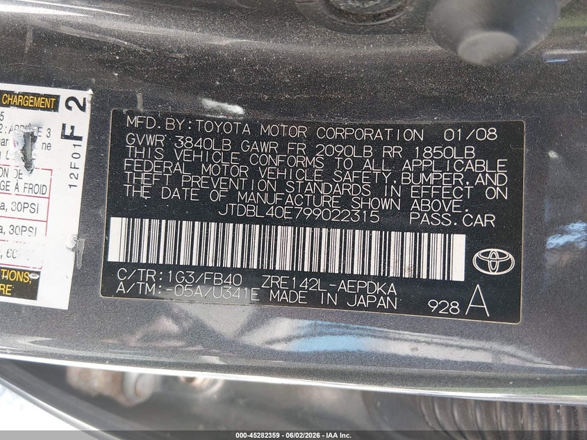 2009 Toyota Corolla VIN JTDBL40E799022315 IAAI salvage auction — NORMAL WEAR, Original (Ohio), sold $900 on 2026-07-15 (photo 9)