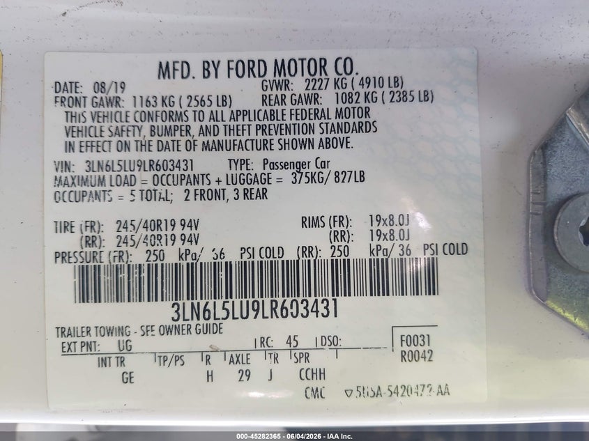 2020 Lincoln Mkz VIN 3LN6L5LU9LR603431 IAAI salvage auction — VANDALISM, Salvage Title, sold $6,600 on 2026-07-09 (photo 9)