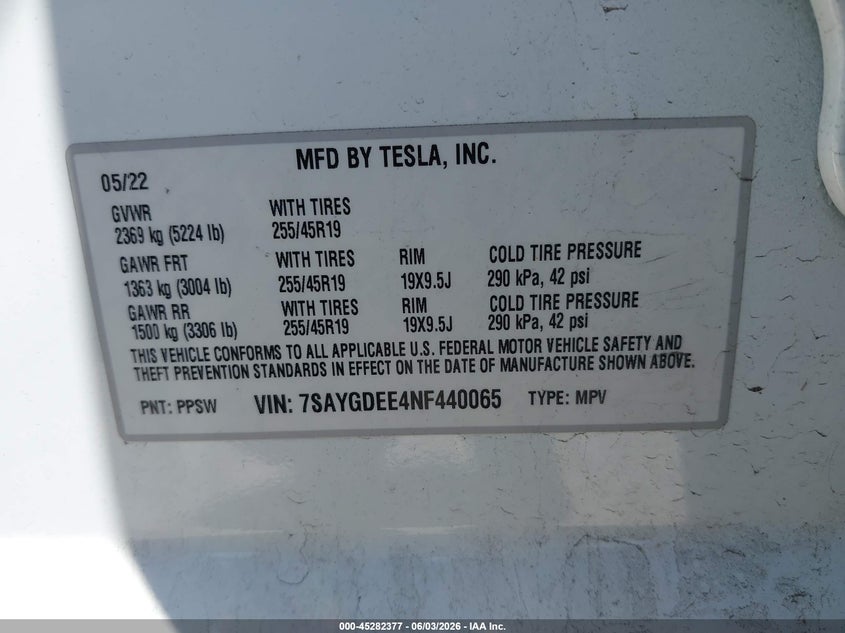 2022 Tesla Model y VIN 7SAYGDEE4NF440065 IAAI salvage auction — LEFT & RIGHT, Salvage Title, sold $7,975 on 2026-07-30 (photo 9)