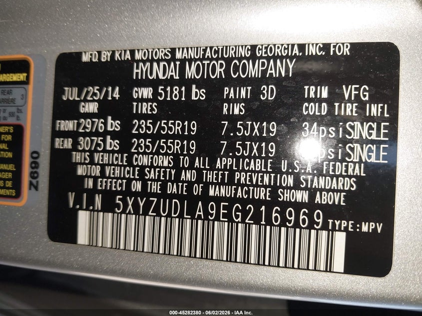 2014 Hyundai Santa fe VIN 5XYZUDLA9EG216969 IAAI salvage auction — NORMAL WEAR, Salvage Title, sold $1,250 on 2026-07-31 (photo 9)