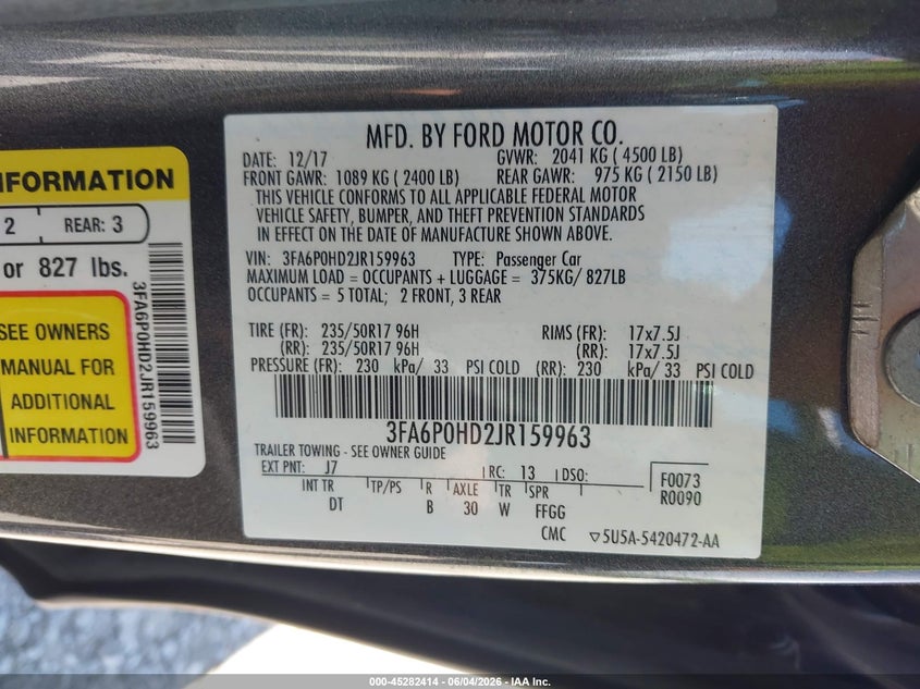 2018 Ford Fusion VIN 3FA6P0HD2JR159963 IAAI salvage auction — FRONT END, Salvage Title, sold $1,100 on 2026-07-18 (photo 9)