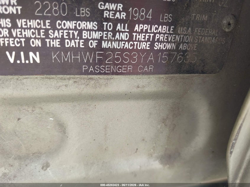 2000 Hyundai Sonata VIN KMHWF25S3YA157635 IAAI salvage auction — FRONT END, Clear (Florida), sold $325 on 2026-07-14 (photo 9)