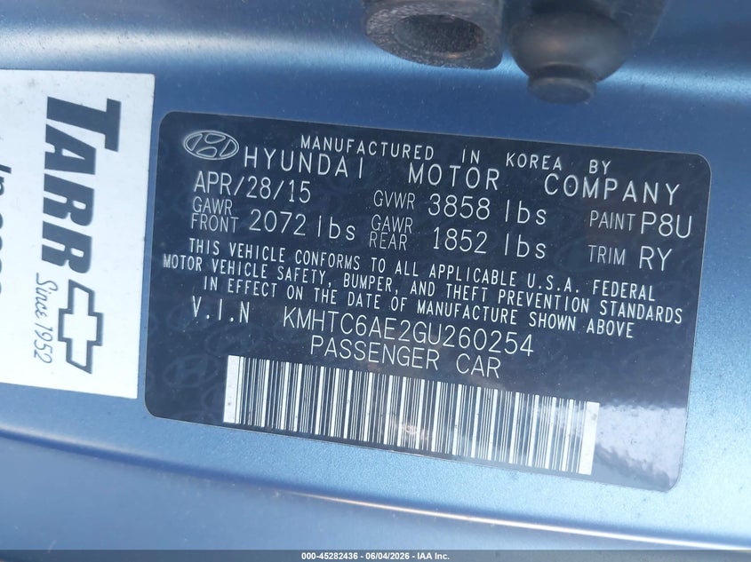 2016 Hyundai Veloster VIN KMHTC6AE2GU260254 IAAI salvage auction — REAR END, Salvage Title, sold $825 on 2026-07-21 (photo 9)