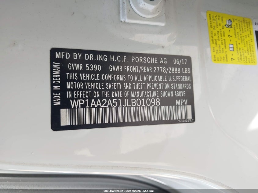 2018 Porsche Macan VIN WP1AA2A51JLB01098 IAAI salvage auction — LEFT FRONT, Salvage (Massachusetts), sold $7,100 on 2026-08-06 (photo 9)