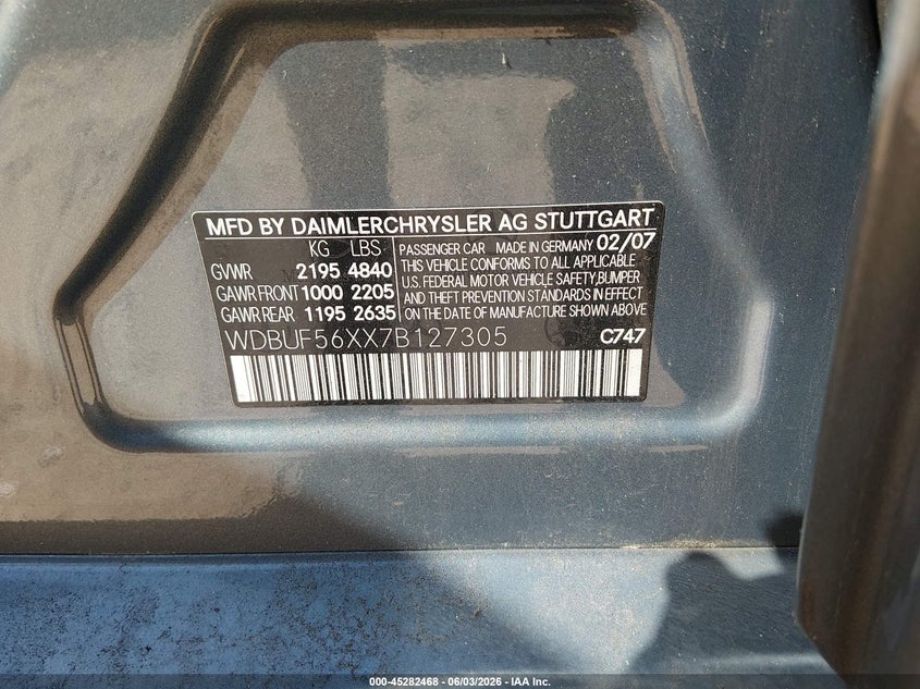 2007 Mercedes-benz E-class VIN WDBUF56XX7B127305 IAAI salvage auction — NORMAL WEAR, Clear (Maryland), sold $425 on 2026-07-09 (photo 9)