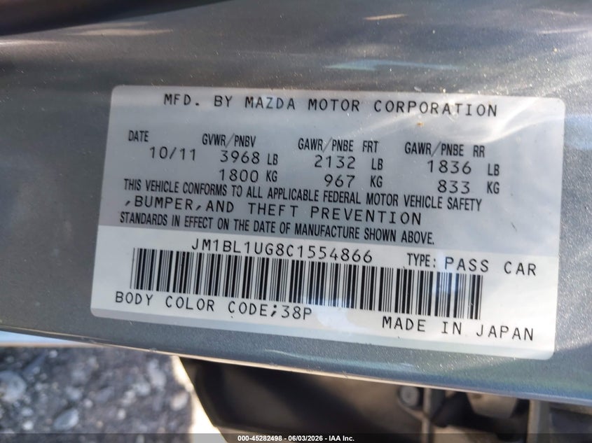 2012 Mazda 3 VIN JM1BL1UG8C1554866 IAAI salvage auction — LEFT FRONT, Salvage Title, sold $850 on 2026-07-15 (photo 9)