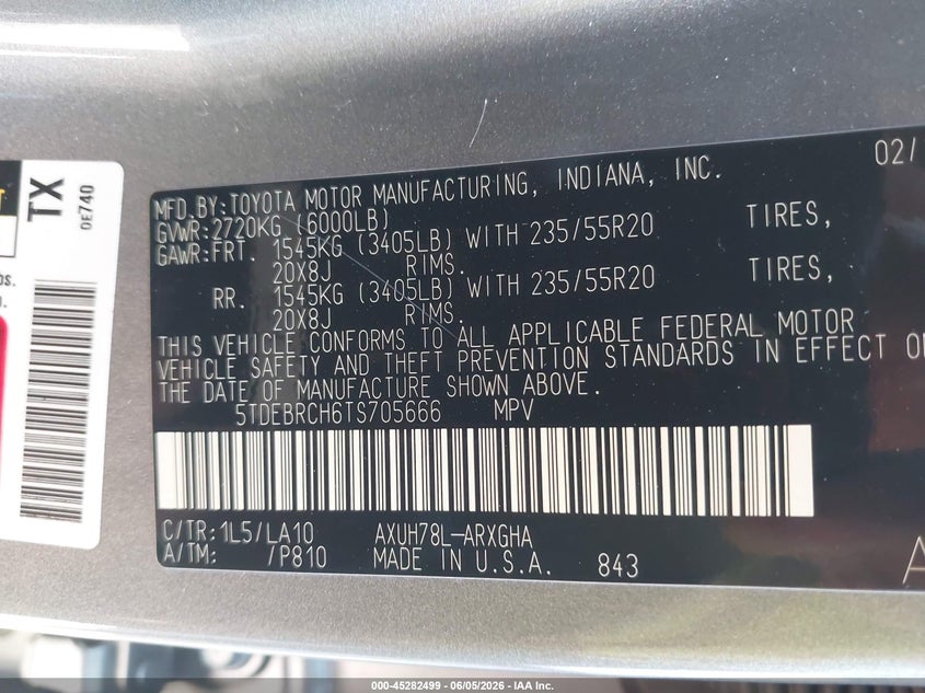 2026 Toyota Highlander VIN 5TDEBRCH6TS705666 IAAI salvage auction — HAIL, Salvage Title, sold $31,750 on 2026-07-28 (photo 9)