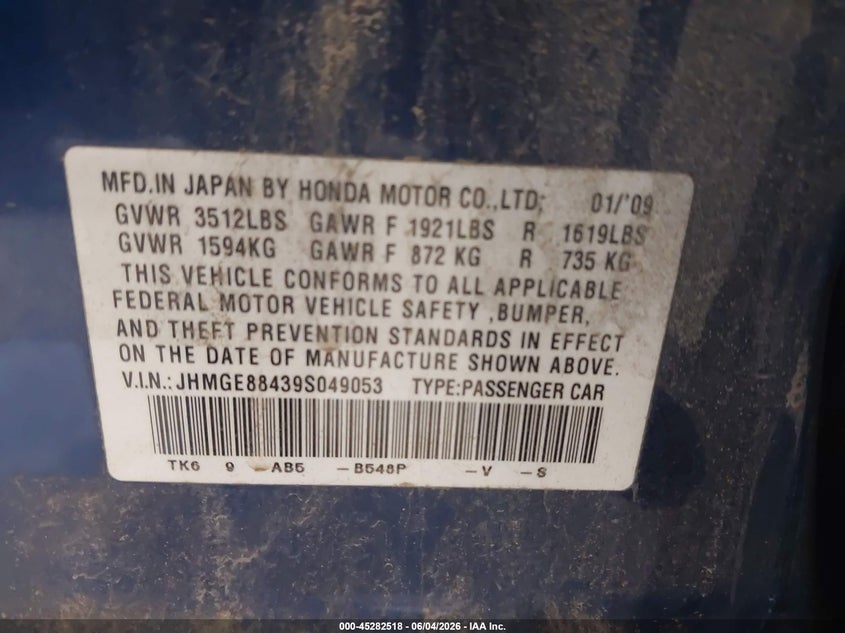 2009 Honda Fit VIN JHMGE88439S049053 IAAI salvage auction — FRONT END, Clear (Michigan), sold $425 on 2026-07-07 (photo 9)